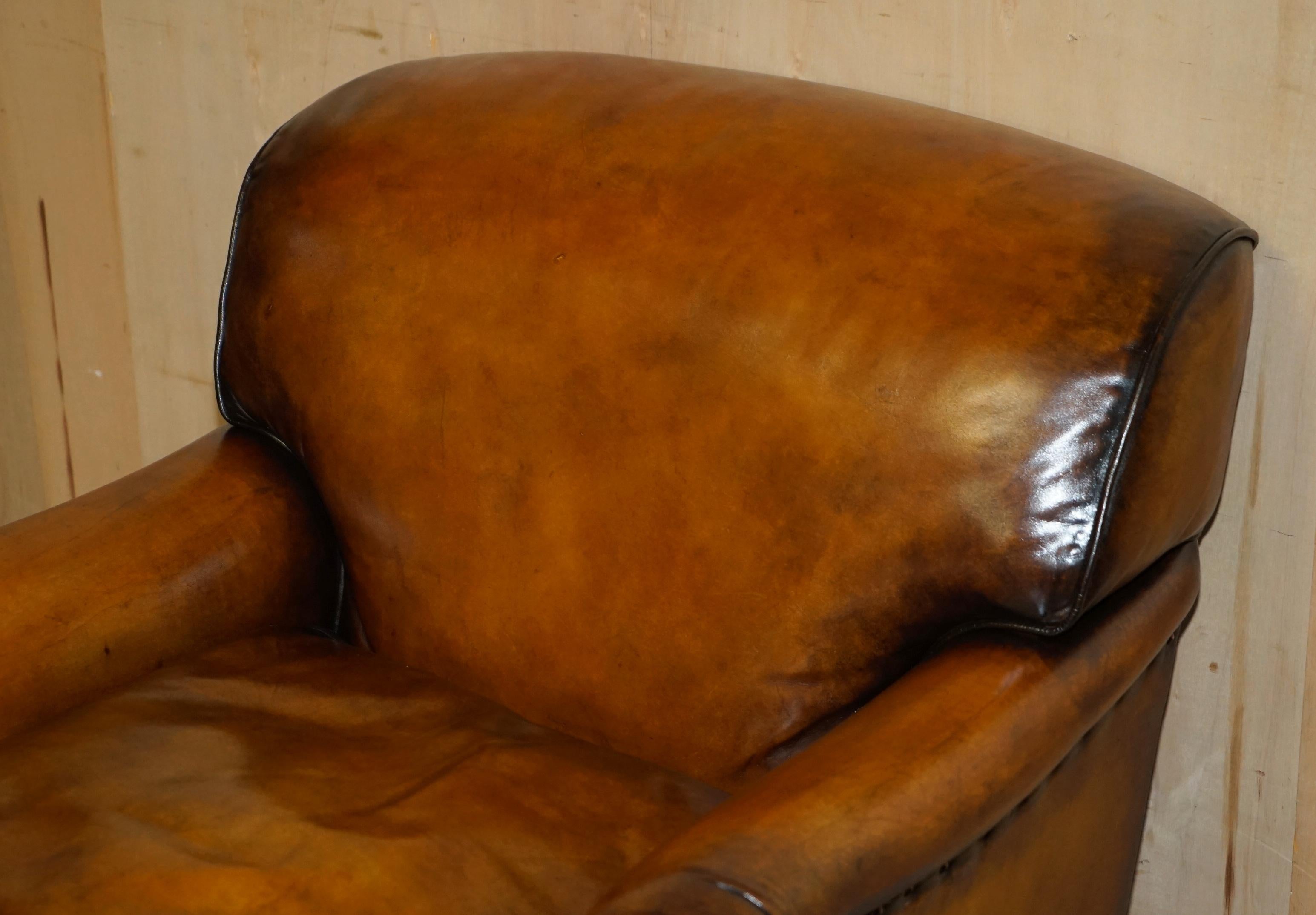 Victorian RESTORED HOWARD & SON'S STYLE SIGNATURE SCROLL ARM STYLE BROWN LEATHER ARMCHAiR For Sale