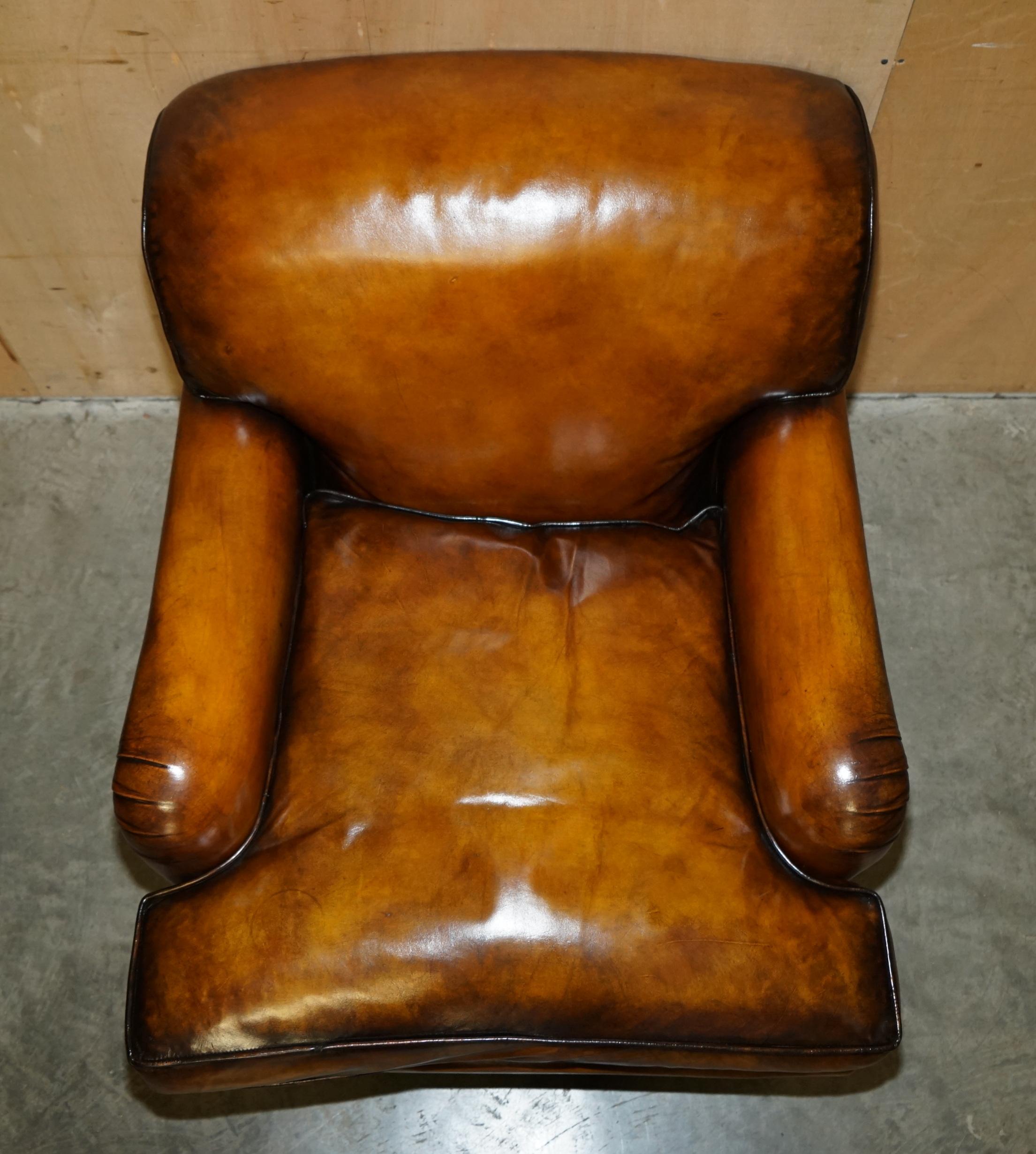 English RESTORED HOWARD & SON'S STYLE SIGNATURE SCROLL ARM STYLE BROWN LEATHER ARMCHAiR For Sale