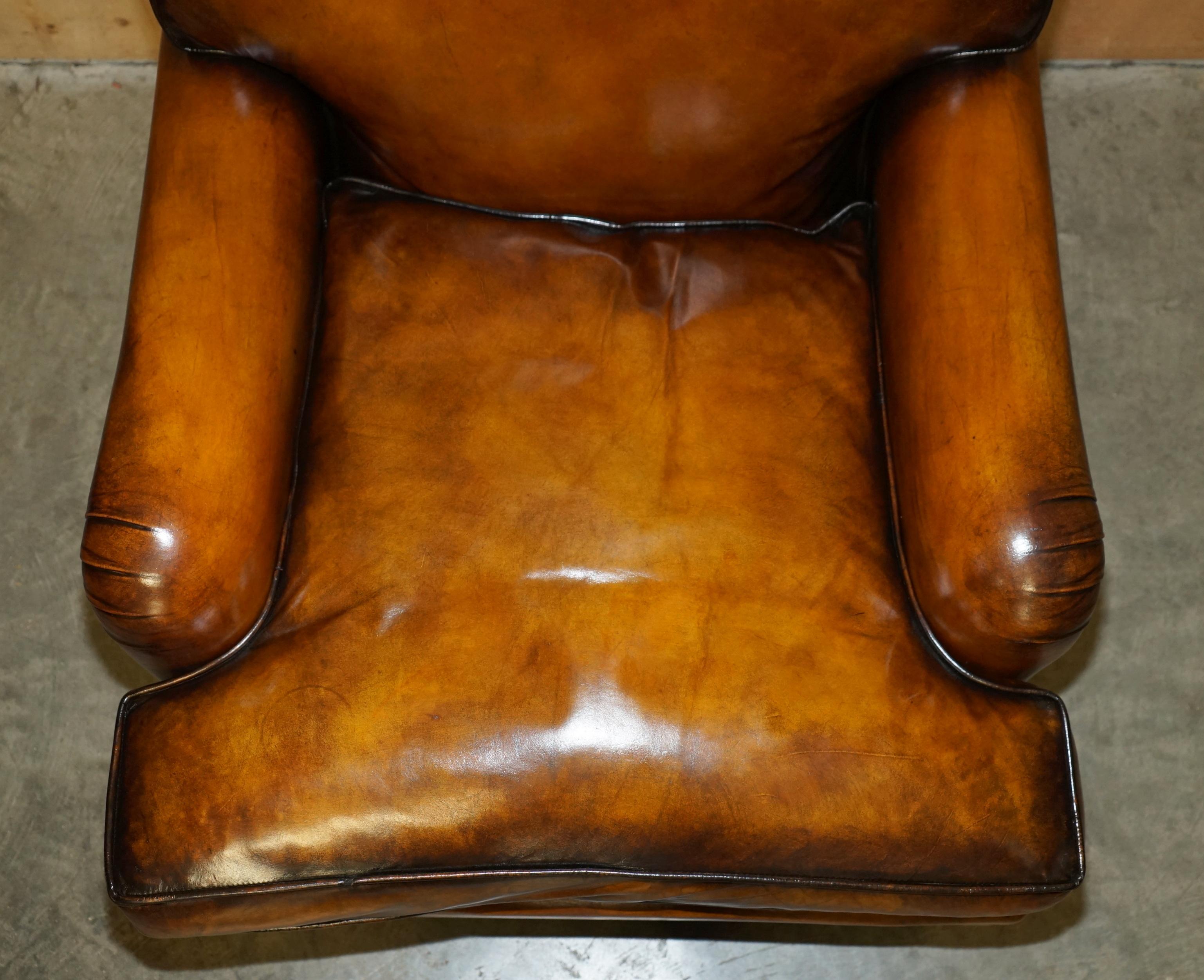 Hand-Crafted RESTORED HOWARD & SON'S STYLE SIGNATURE SCROLL ARM STYLE BROWN LEATHER ARMCHAiR For Sale