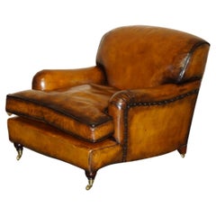 RESTORED HOWARD & SON'S STYLE SIGNATURE SCROLL ARM STYLE BROWN LEATHER ARMCHAiR