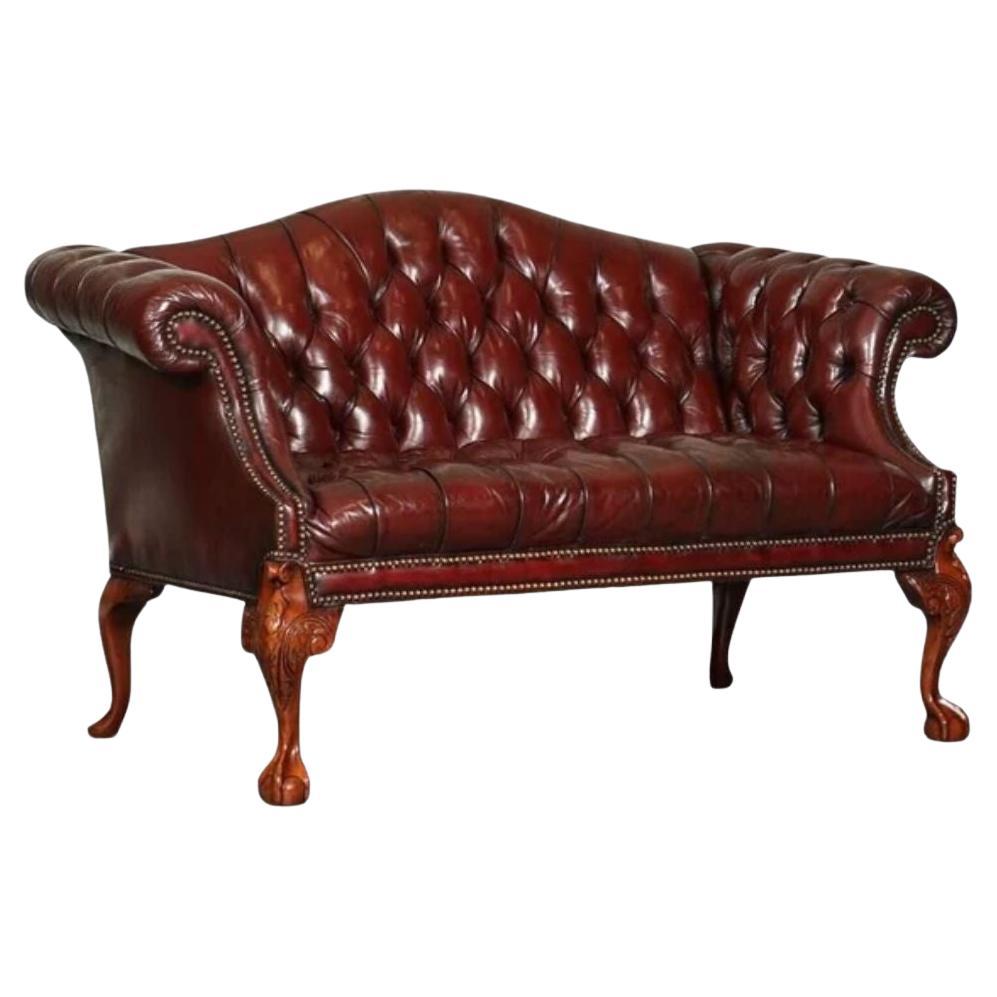 Restored Hump Camel Back Regency Chesterfield Buttoned Sofa in HandDyed Burgundy For Sale