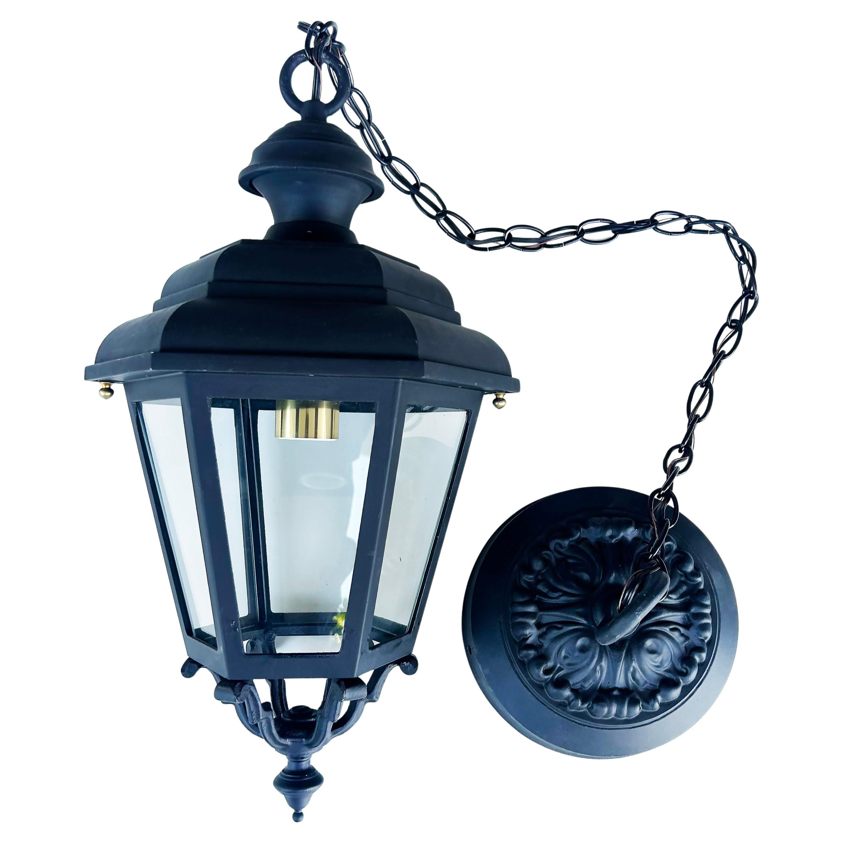 Restored Iron Pendant Lantern Light Fixture with Porcelain Sockets with Brass