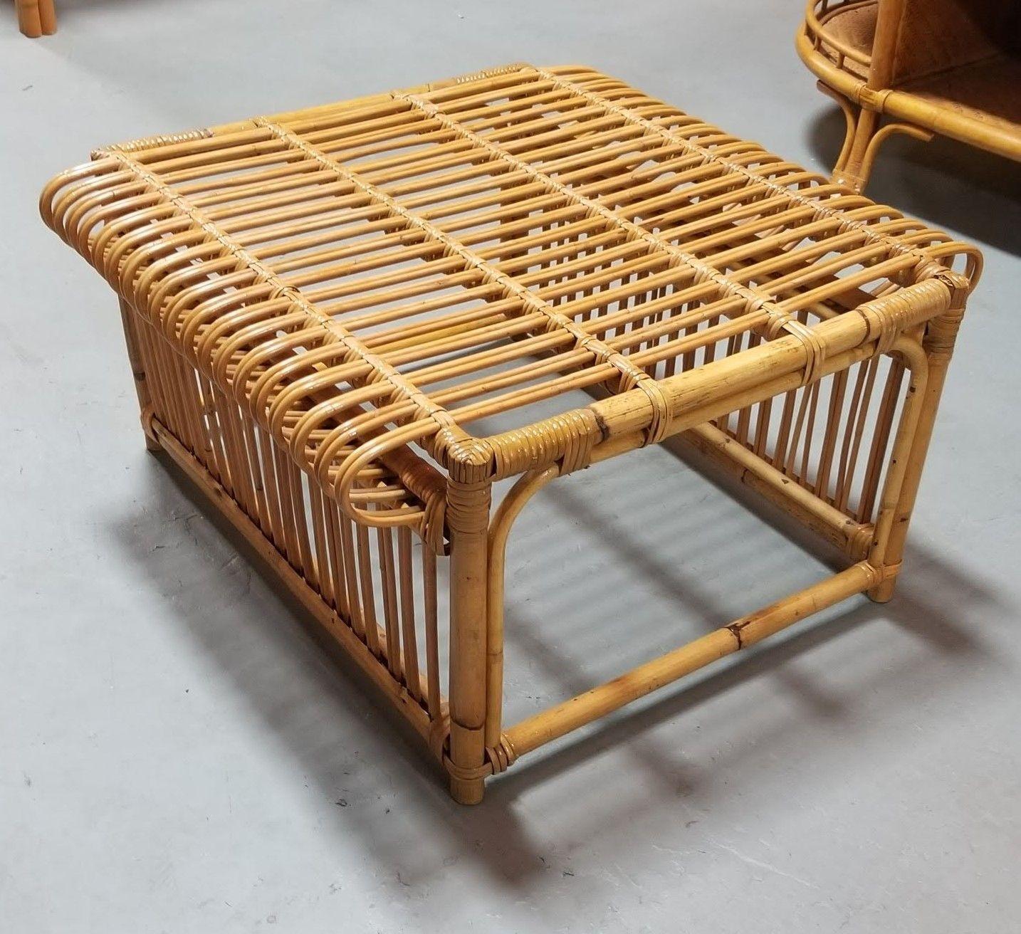Restored Italian Pencil Reed Rattan Ottoman Footstool in the style of Albini For Sale 2