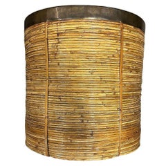 Restored Italian Stick Reed Rattan Storage Bin w/ Bronze Ring