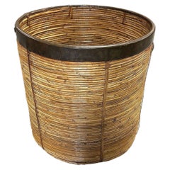 Restored Italian Stick Reed Rattan Storage Bin w/ Bronze Ring