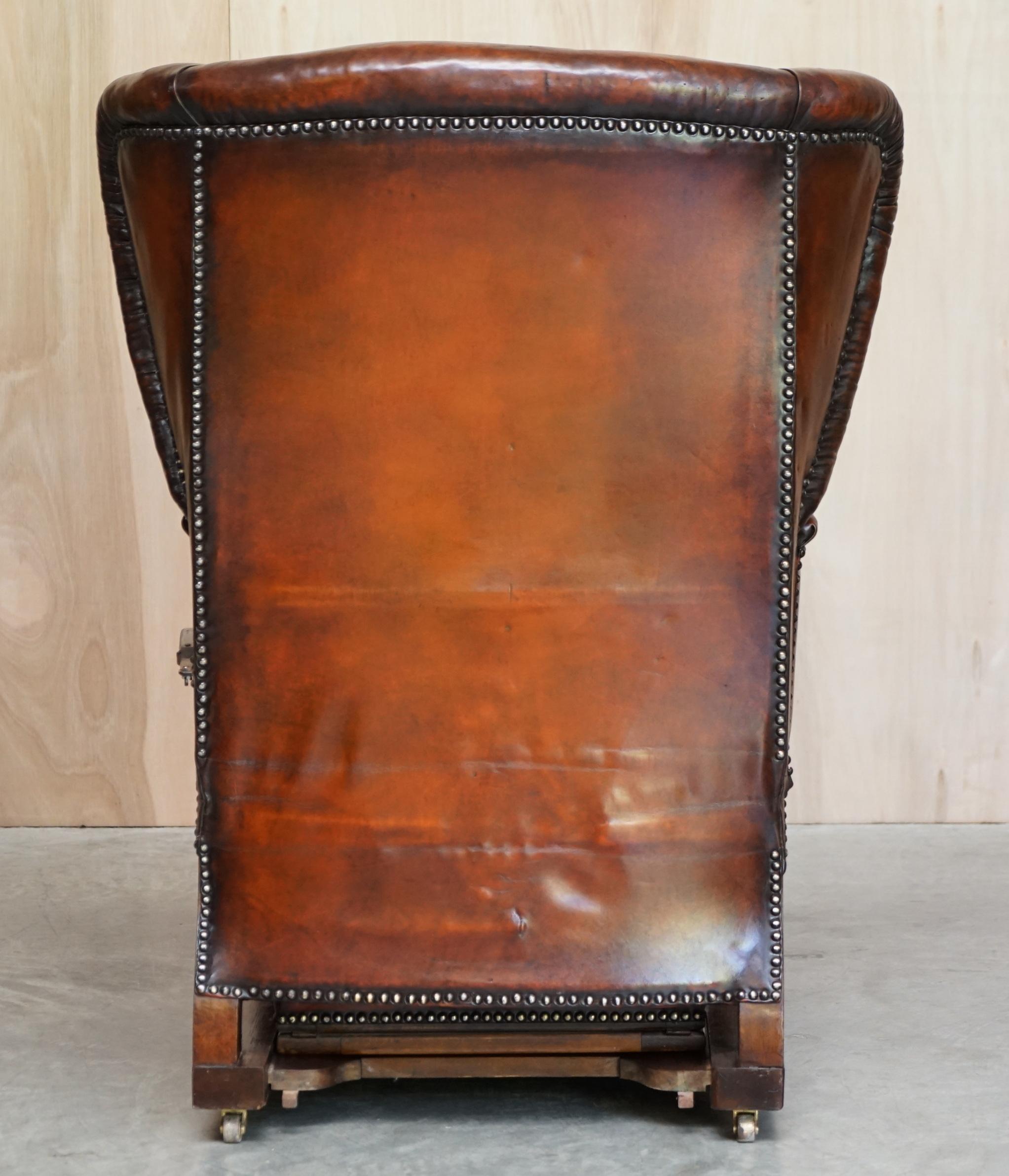 Restored J Foot & Son Adjustable Reclining Easy Armchair Hand Dyed Brown Leather 1