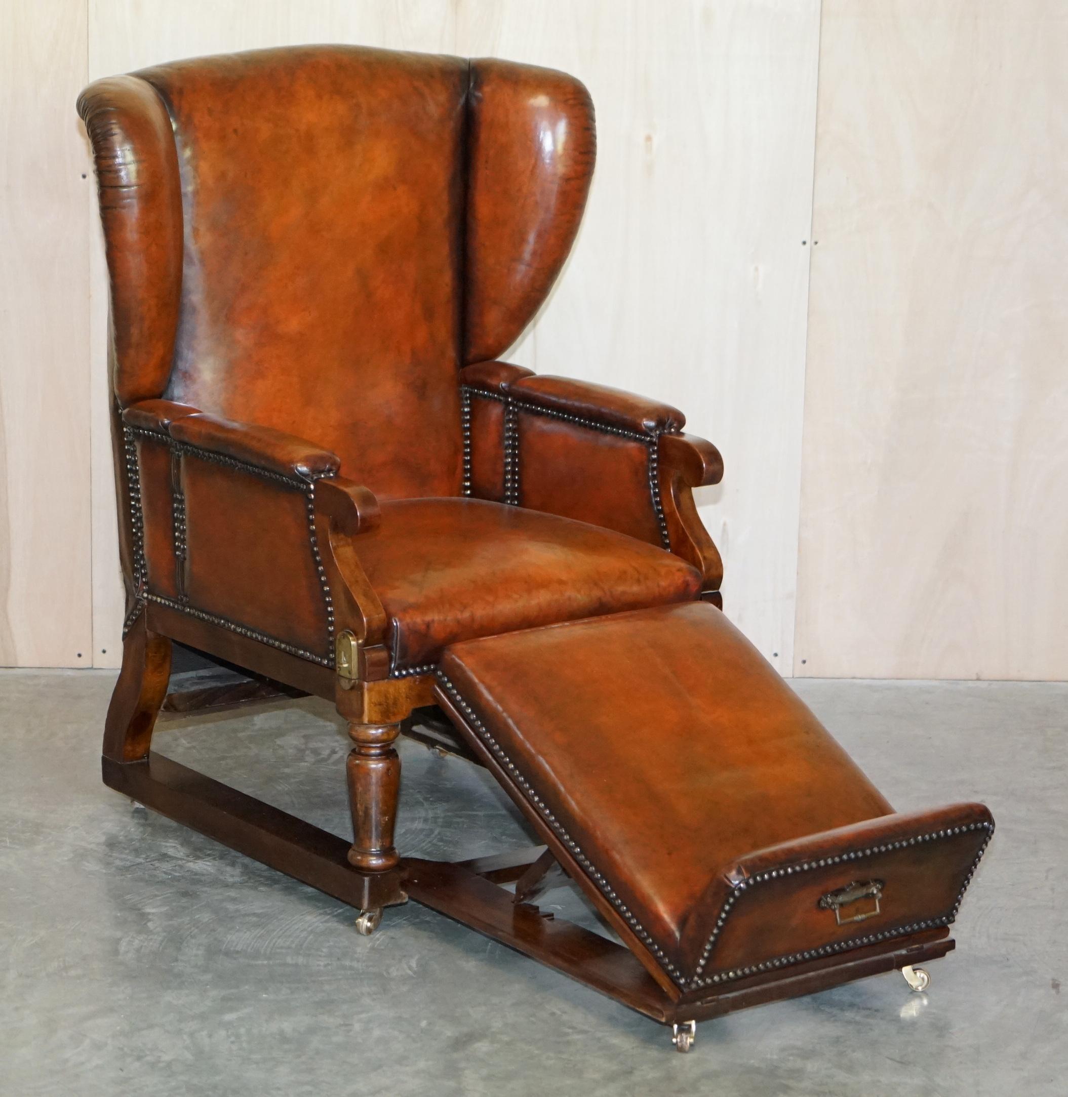 Restored J Foot & Son Adjustable Reclining Easy Armchair Hand Dyed Brown Leather 2