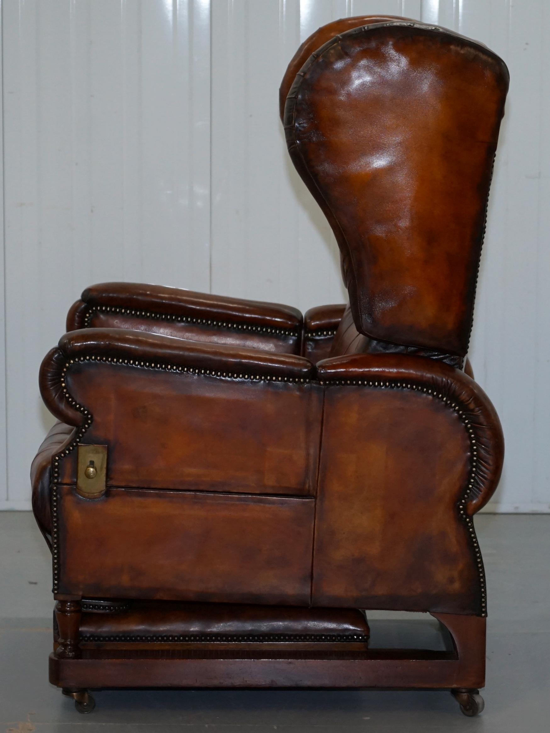 Restored J Foot & Son Adjustable Reclining Easy Armchair Hand Dyed Brown Leather 5