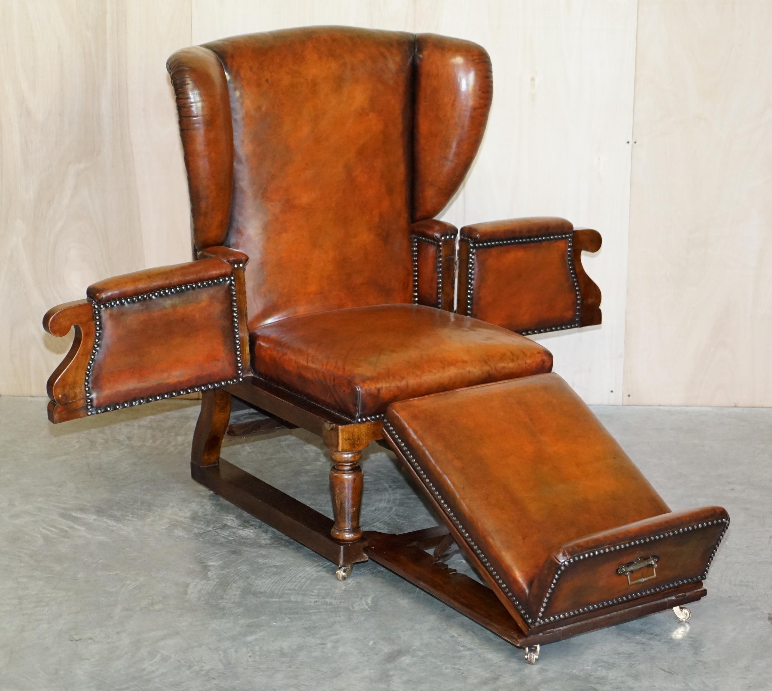 Restored J Foot & Son Adjustable Reclining Easy Armchair Hand Dyed Brown Leather 4