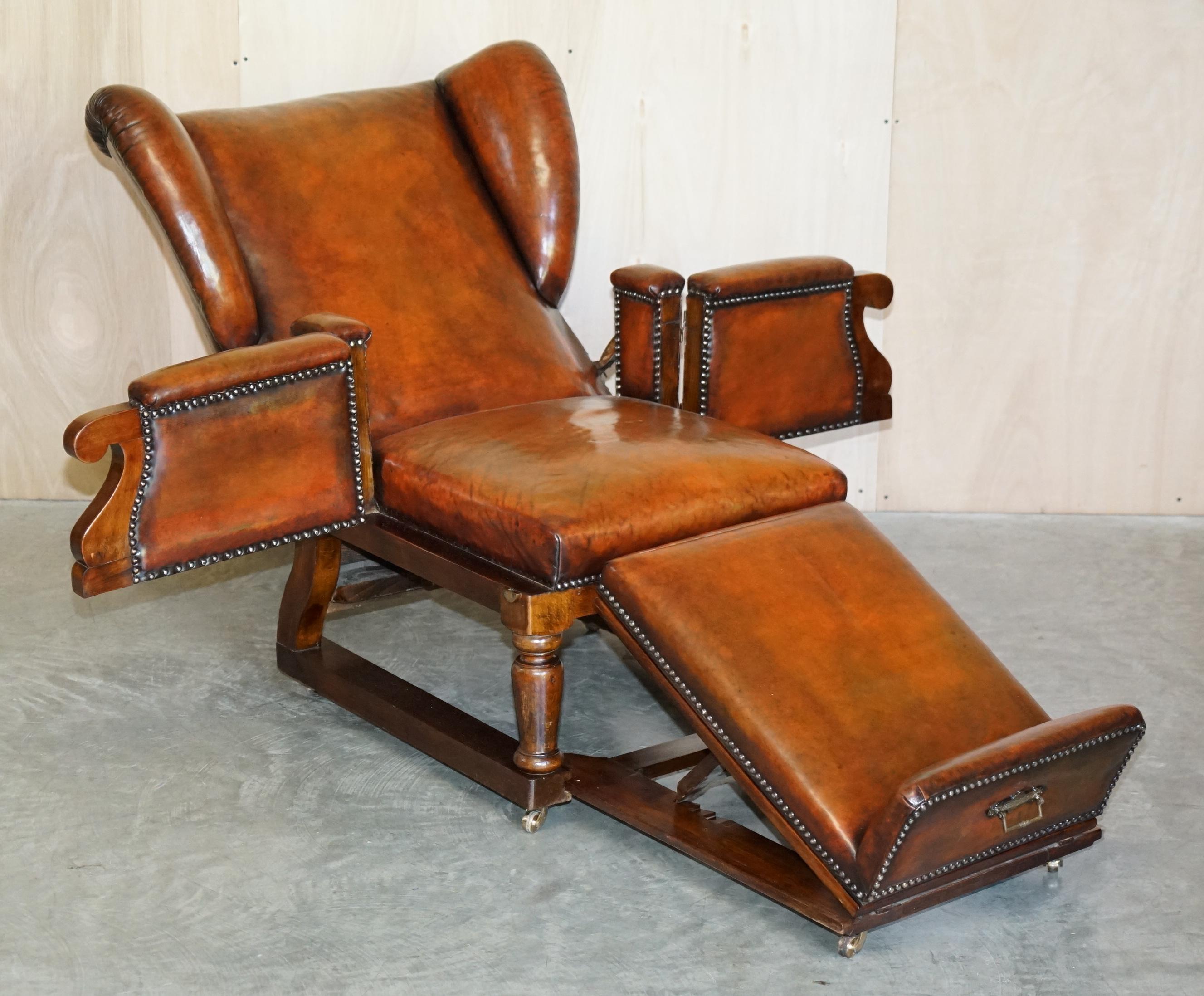 Restored J Foot & Son Adjustable Reclining Easy Armchair Hand Dyed Brown Leather 5