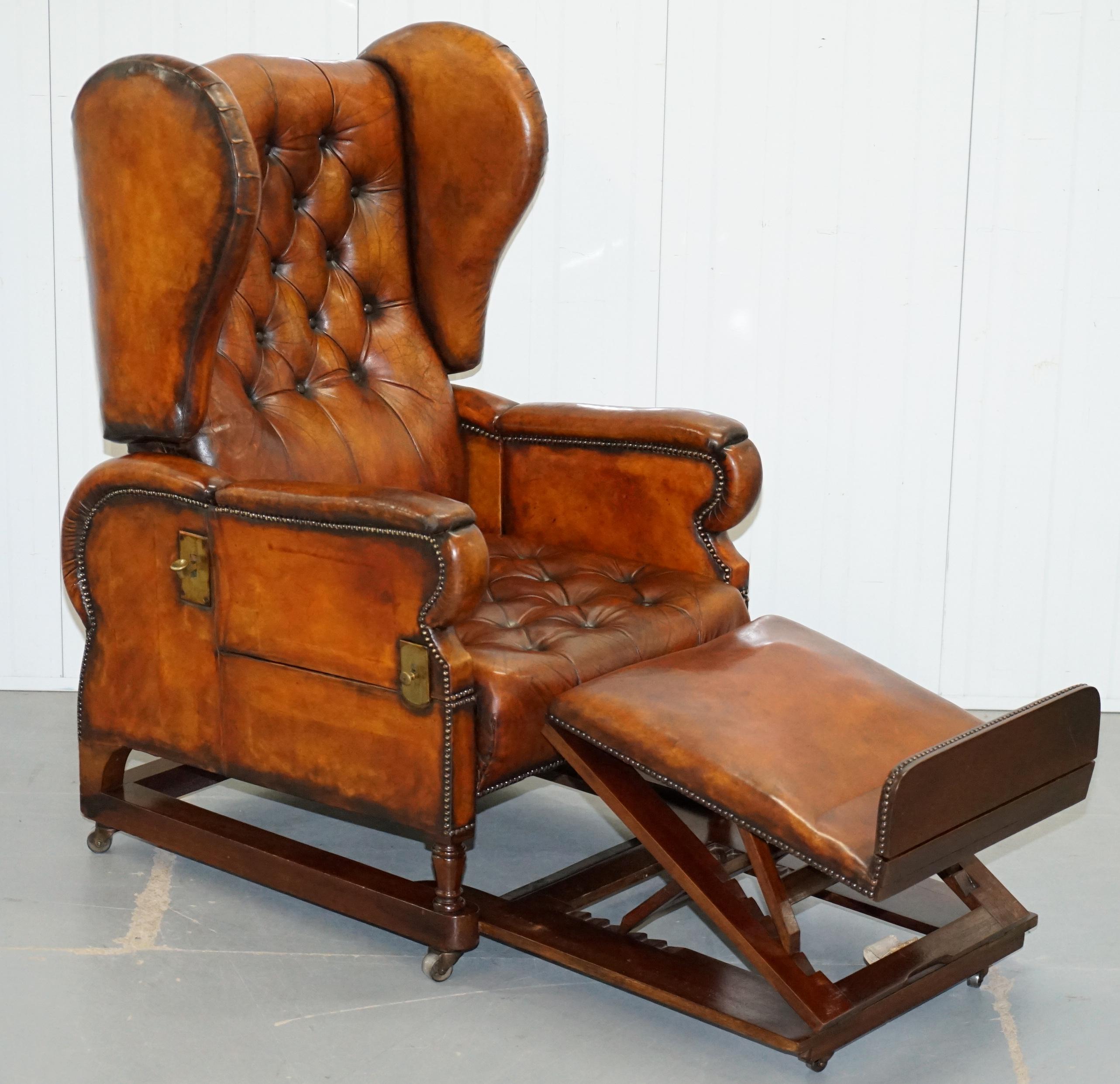 Restored J Foot & Son Adjustable Reclining Easy Armchair Hand Dyed Brown Leather 7
