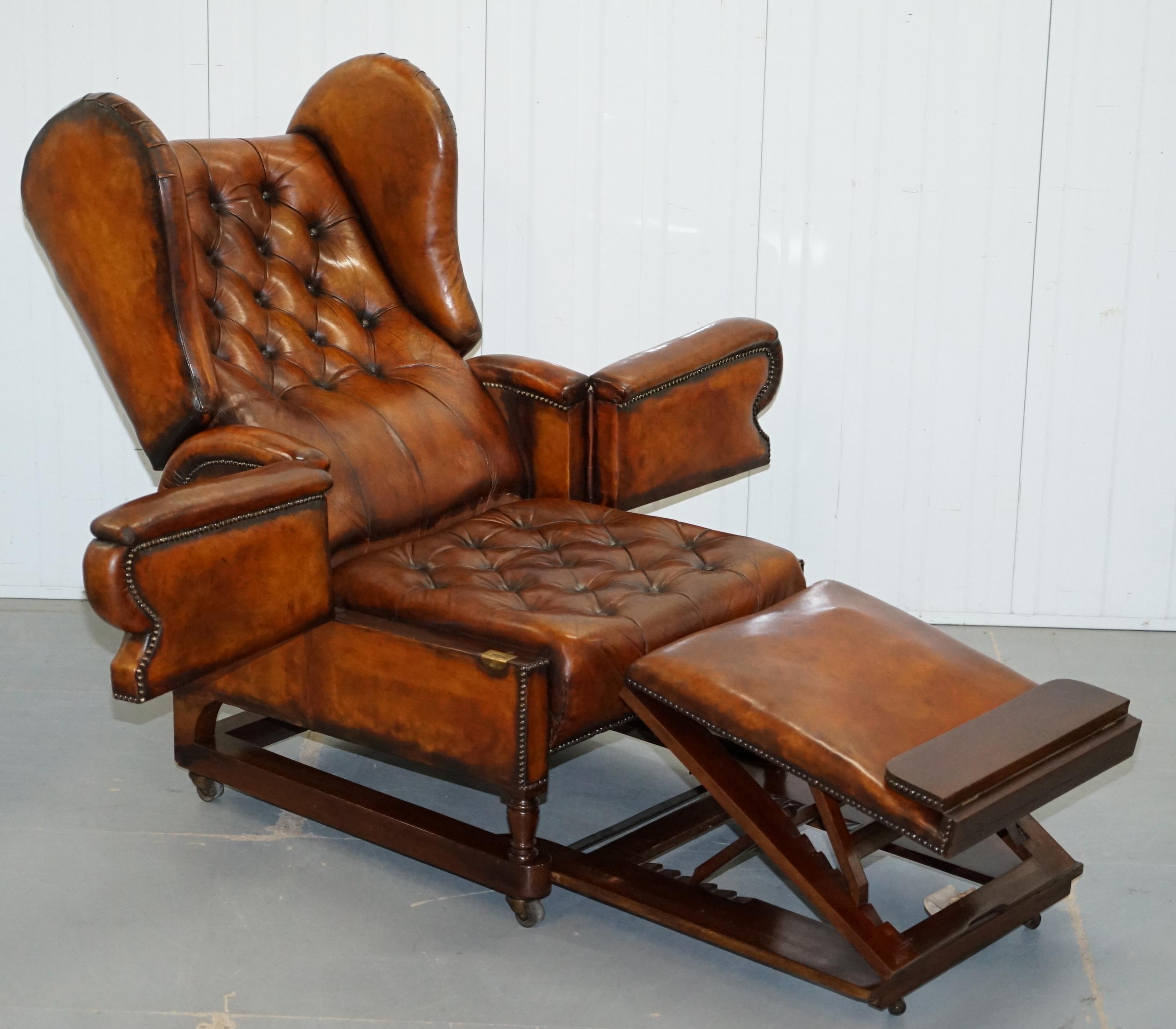 Restored J Foot & Son Adjustable Reclining Easy Armchair Hand Dyed Brown Leather 8