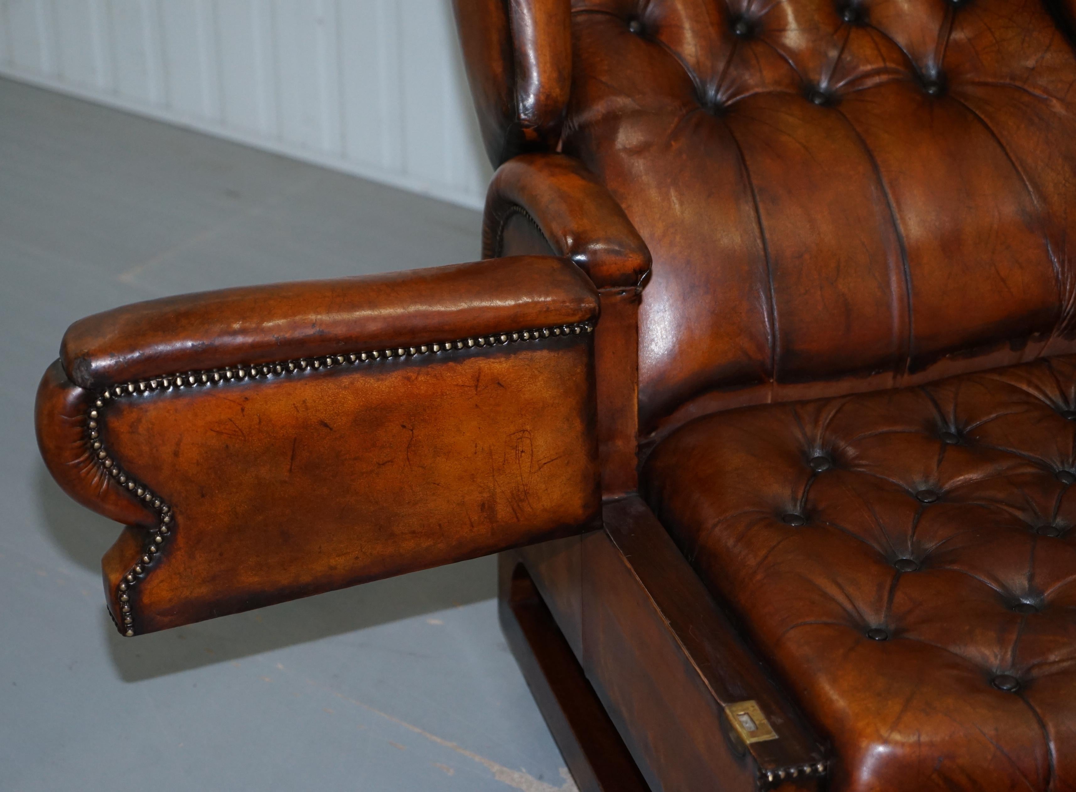 Restored J Foot & Son Adjustable Reclining Easy Armchair Hand Dyed Brown Leather 9