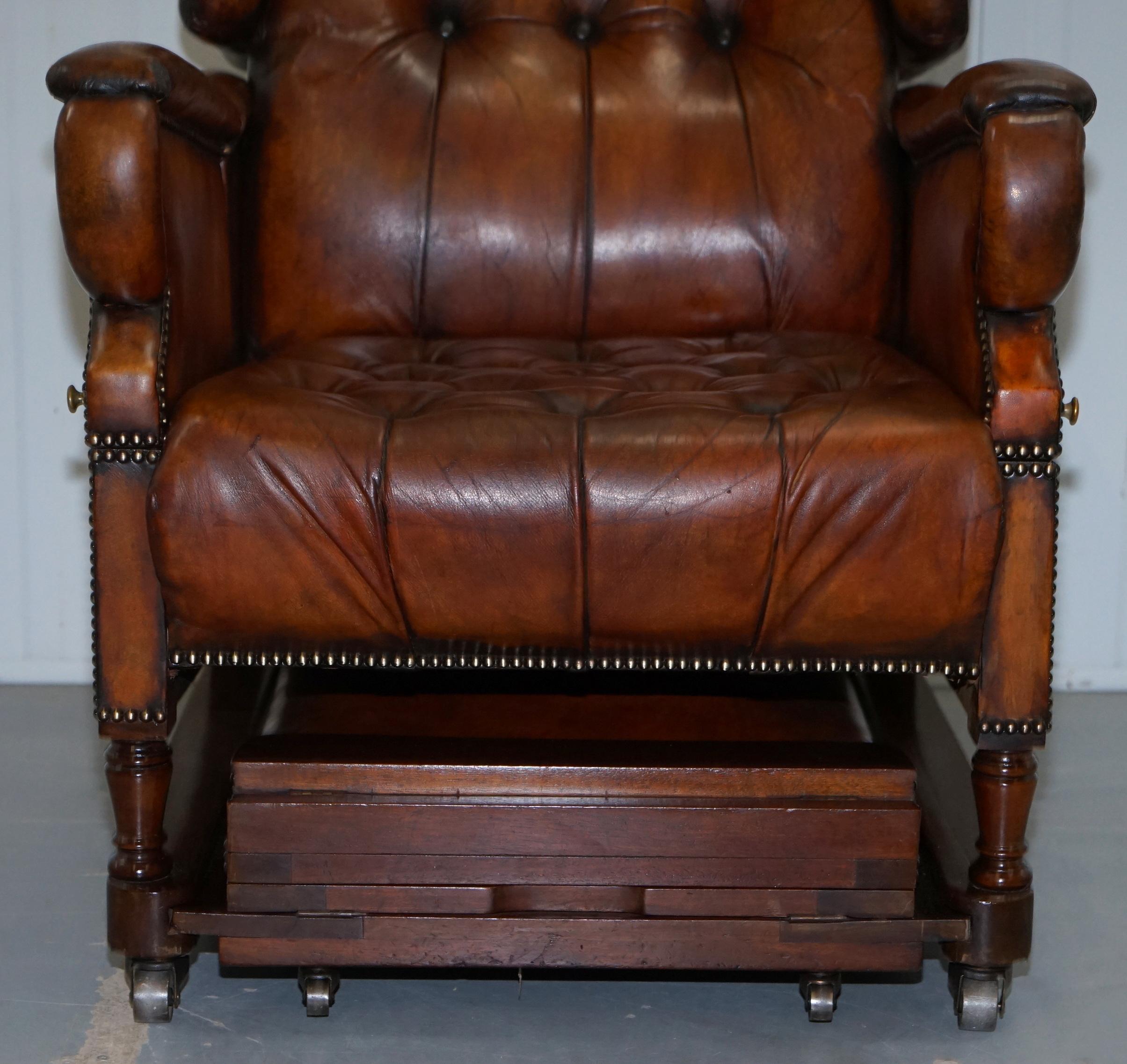 Restored J Foot & Son Adjustable Reclining Easy Armchair Hand Dyed Brown Leather In Good Condition In West Sussex, Pulborough