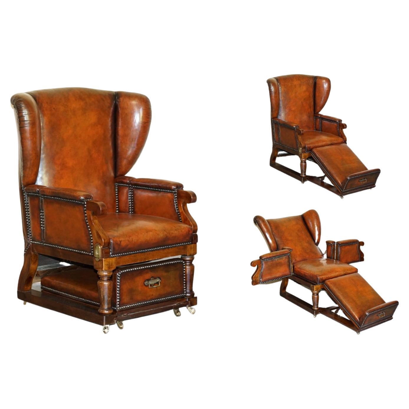 Restored J Foot & Son Adjustable Reclining Easy Armchair Hand Dyed Brown Leather