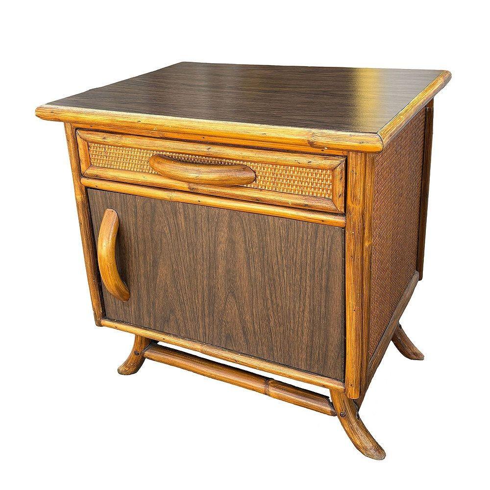 Philippine Restored James Mont Styles Rattan & Woven Wicker Bedside Table, Pair For Sale