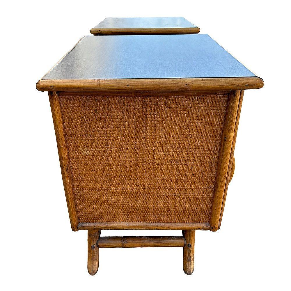 Restored James Mont Styles Rattan & Woven Wicker Bedside Table, Pair In Excellent Condition For Sale In Van Nuys, CA