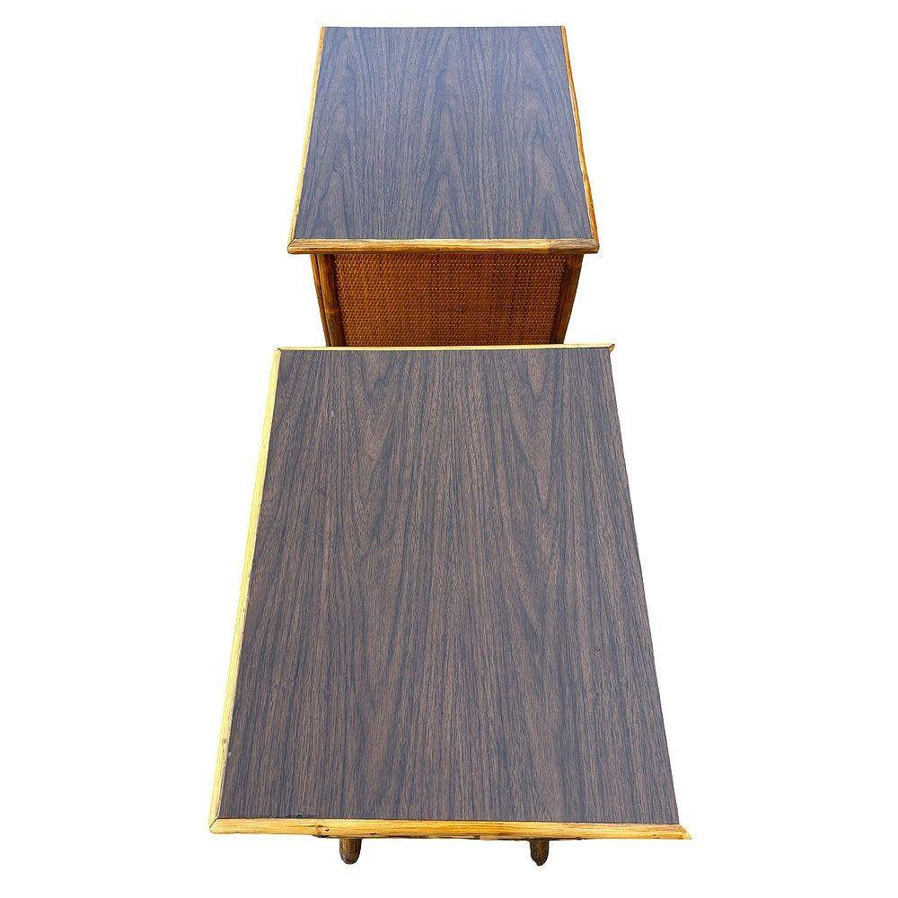 Restored James Mont Styles Rattan & Woven Wicker Bedside Table, Pair For Sale 2