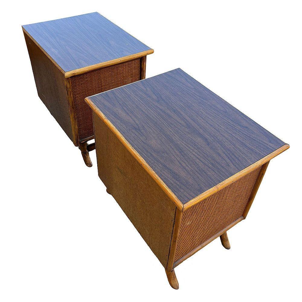 Restored James Mont Styles Rattan & Woven Wicker Bedside Table, Pair For Sale 3