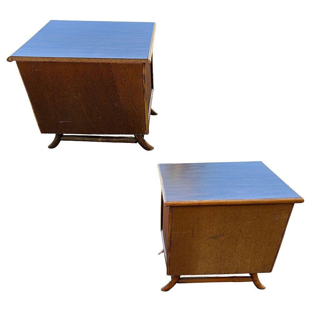Restored James Mont Styles Rattan & Woven Wicker Bedside Table, Pair For Sale 4
