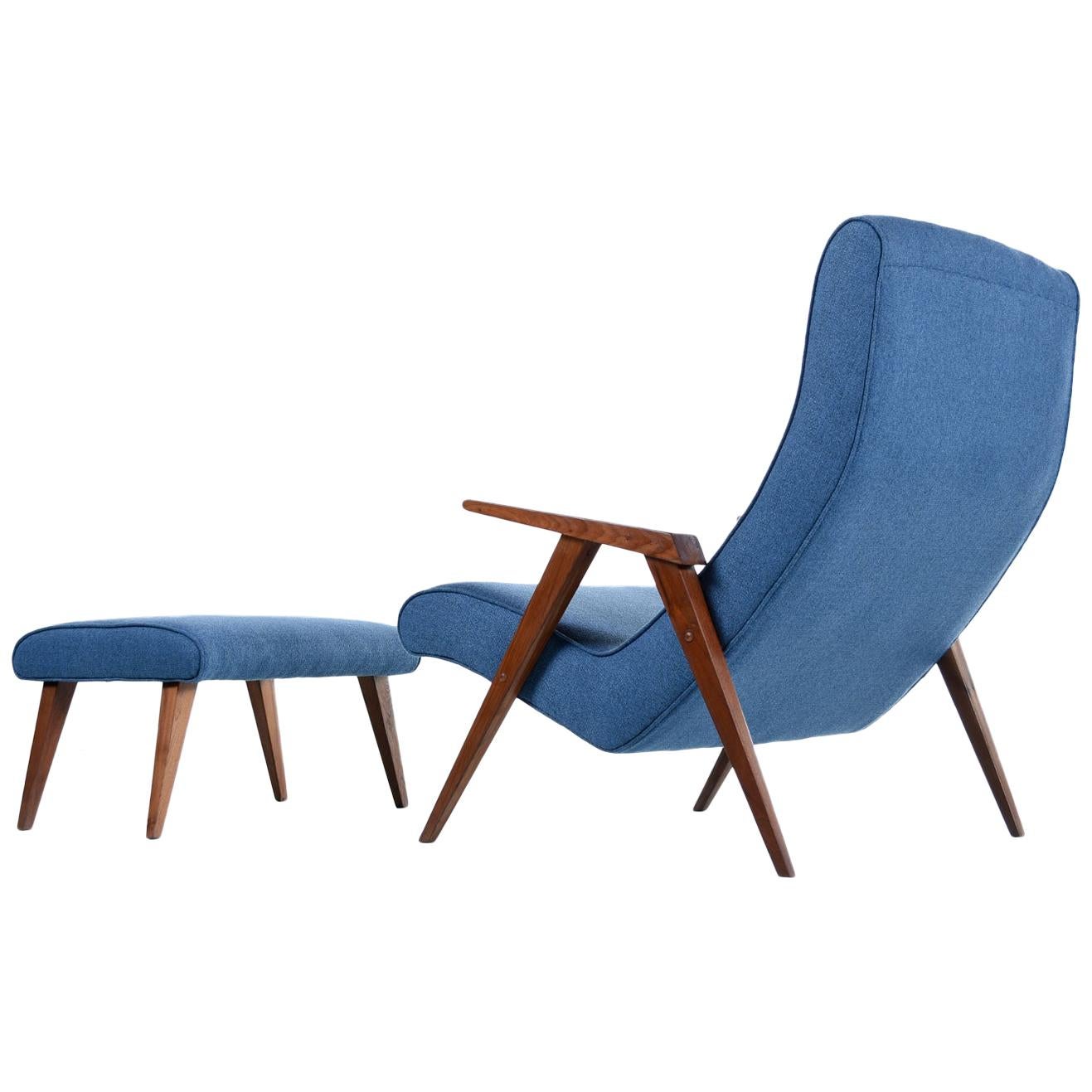 Restored Jens Risom Style Compass Leg Scoop Lounge Armchair and Ottoman, 1950s