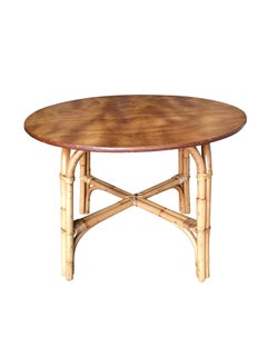 Restored Round "x" Base Rattan Coffee Table with Oak Top