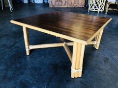 Restored Large "x" Base Rattan Coffee Table W/ Mahogany Top