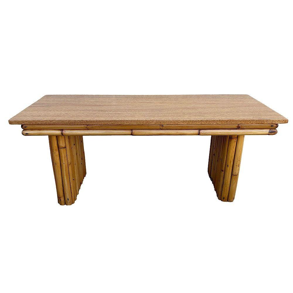 This beautifully restored Mid-century rattan and mahogany coffee table showcases a striking design with vertically stacked legs, a sculpted 40