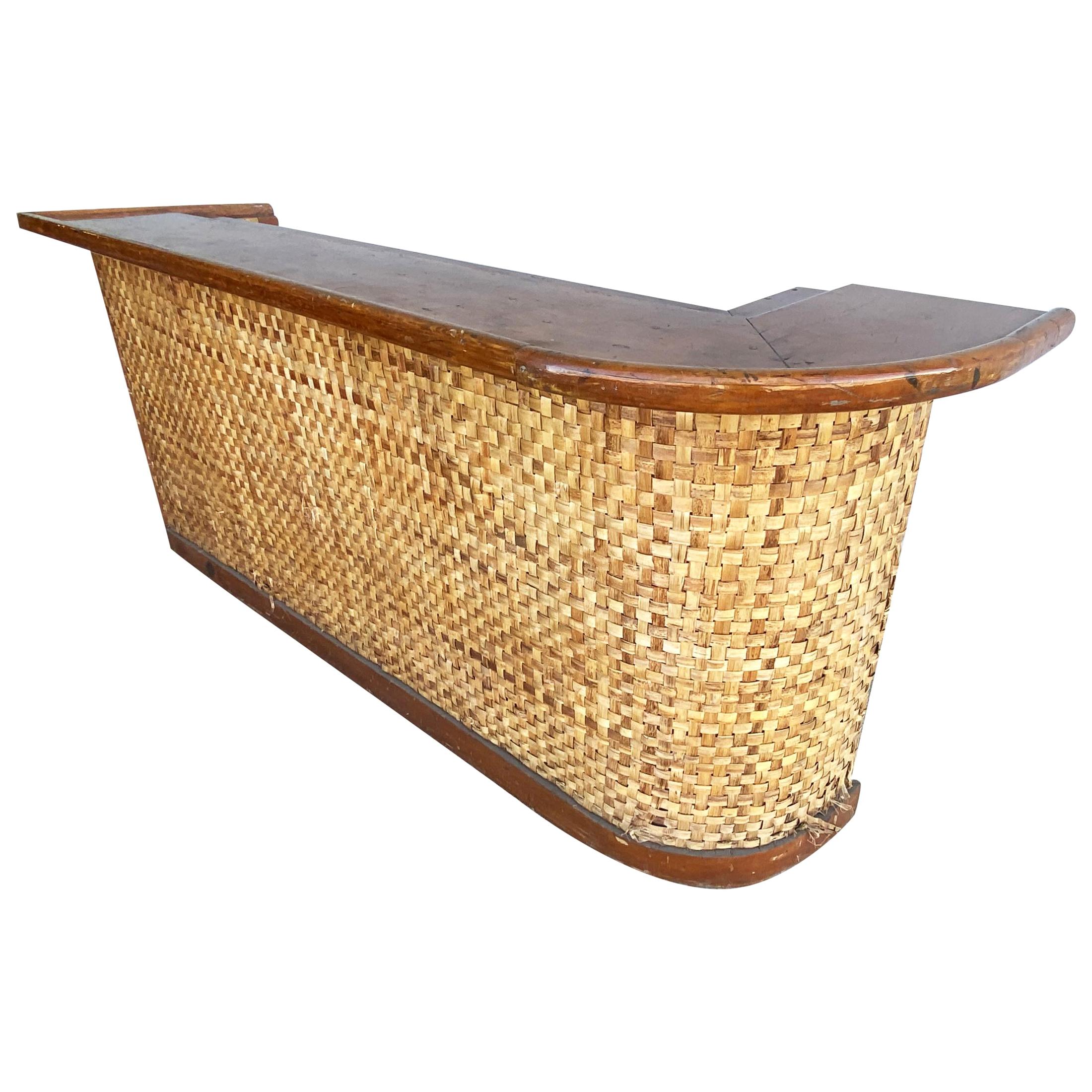 Restored Large 95" Tropical Mahogany Top Bar with Woven Wicker Front, Circa 1940