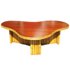 Restored Large Mid-century Biomorphic Amoeba Rattan & Mahogany Coffee Table