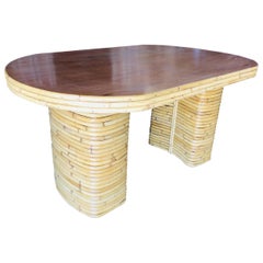 Restored Large Oval Stacked Rattan Dining Table with Mahogany Top