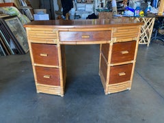 Restored Large Stacked Rattan Secretary Desk w/ Solid Mahogany Top