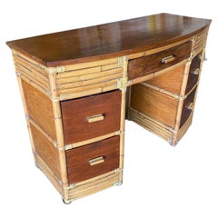 Restored Large Stacked Rattan Secretary Desk w/ Solid Mahogany Top