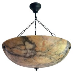 Restored Large White, Amber & Black Alabaster Pendant w. Black Brass Canopy 1915