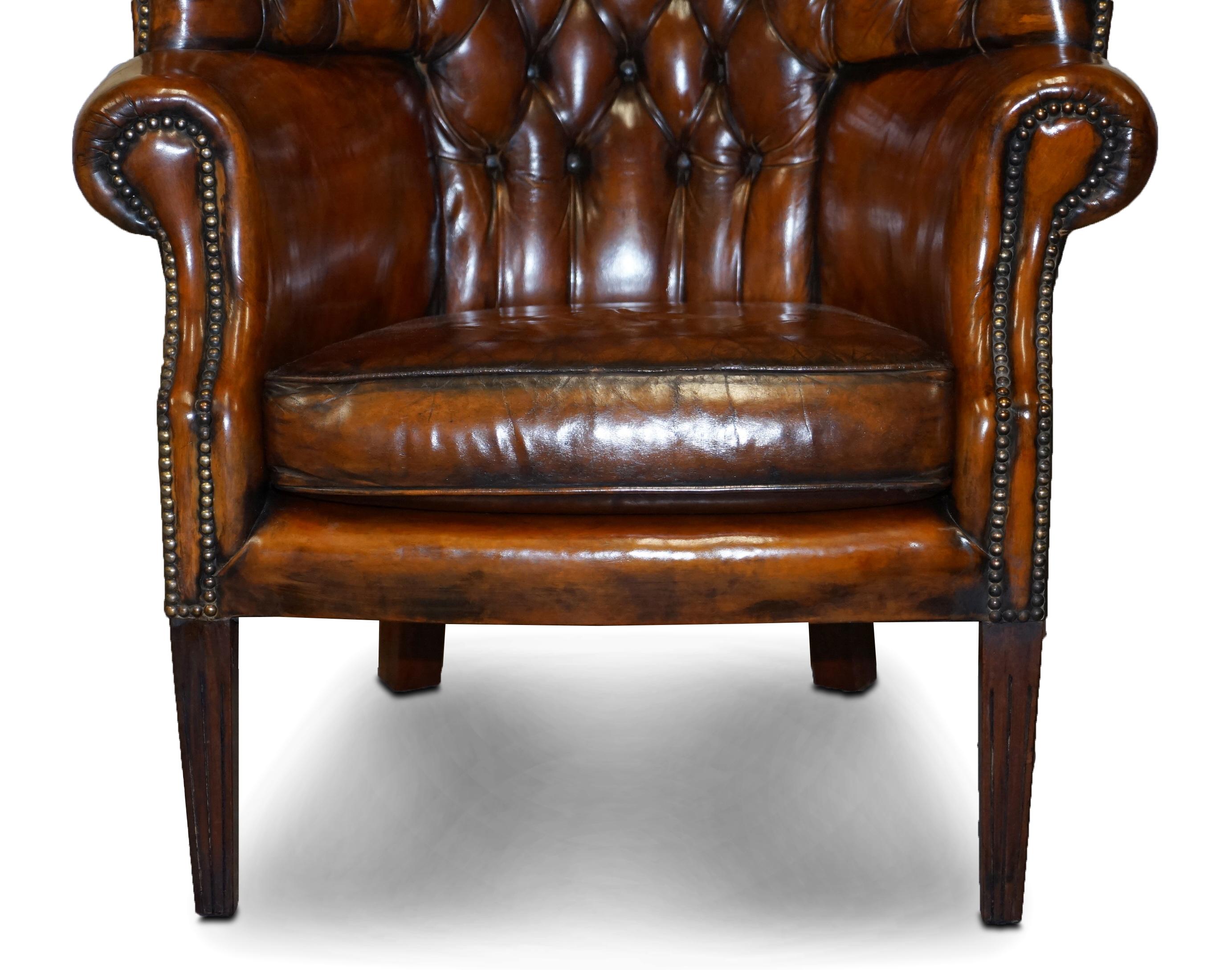 Restored Late Victorian Chesterfield Porters Wingback Armchair Brown Leather 3