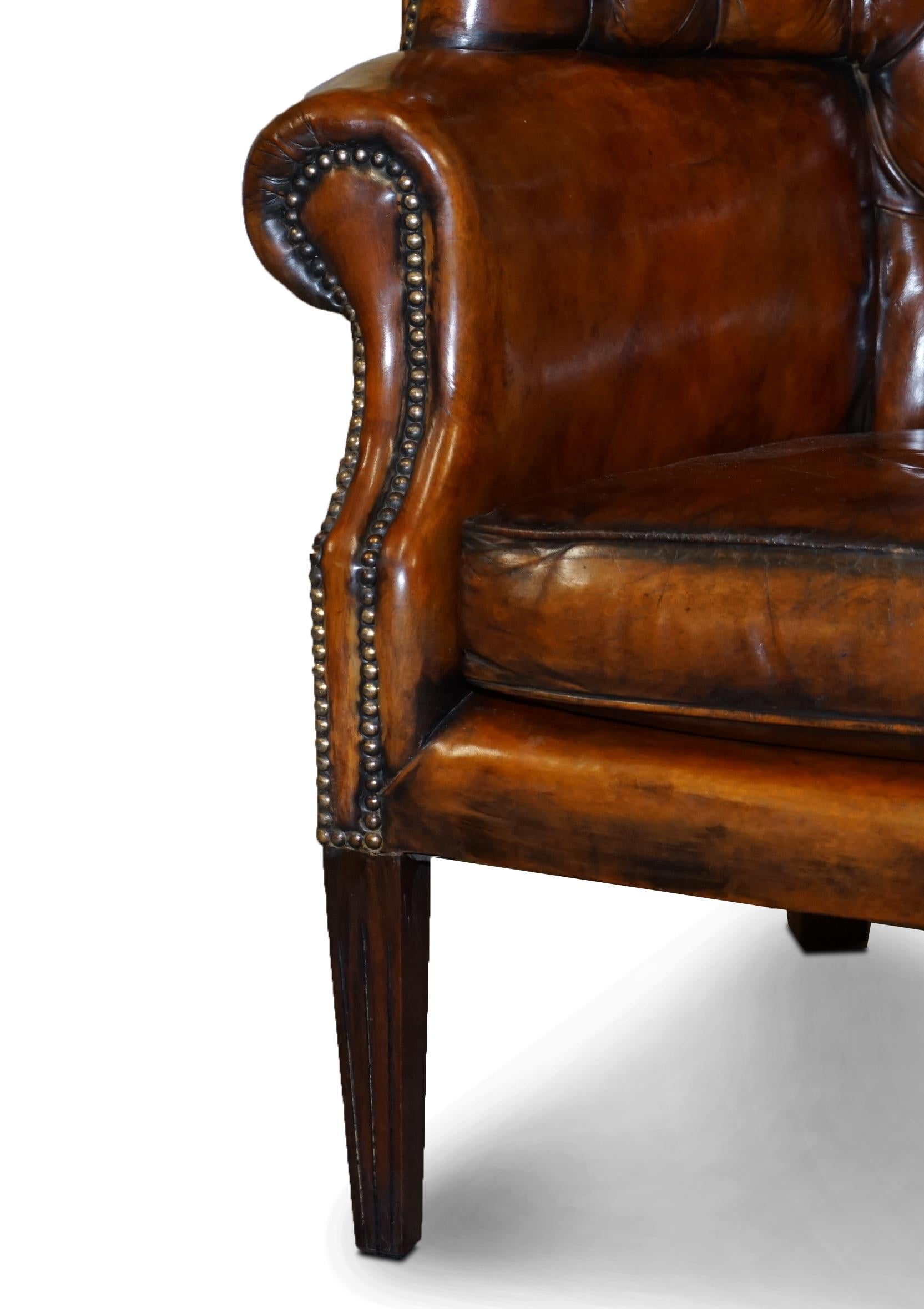 Restored Late Victorian Chesterfield Porters Wingback Armchair Brown Leather 4