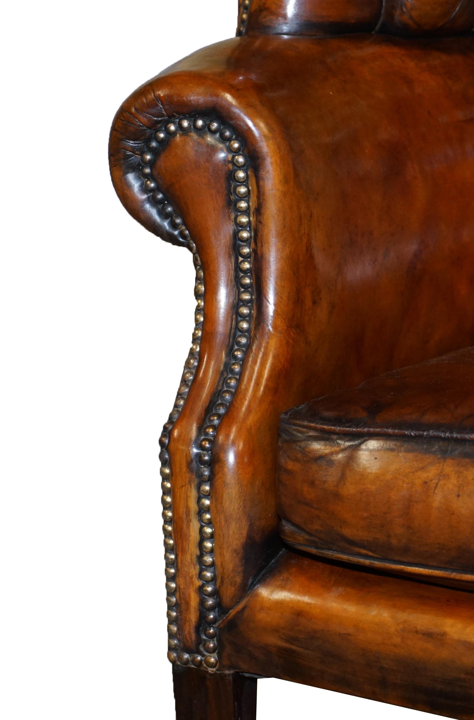 Restored Late Victorian Chesterfield Porters Wingback Armchair Brown Leather 5