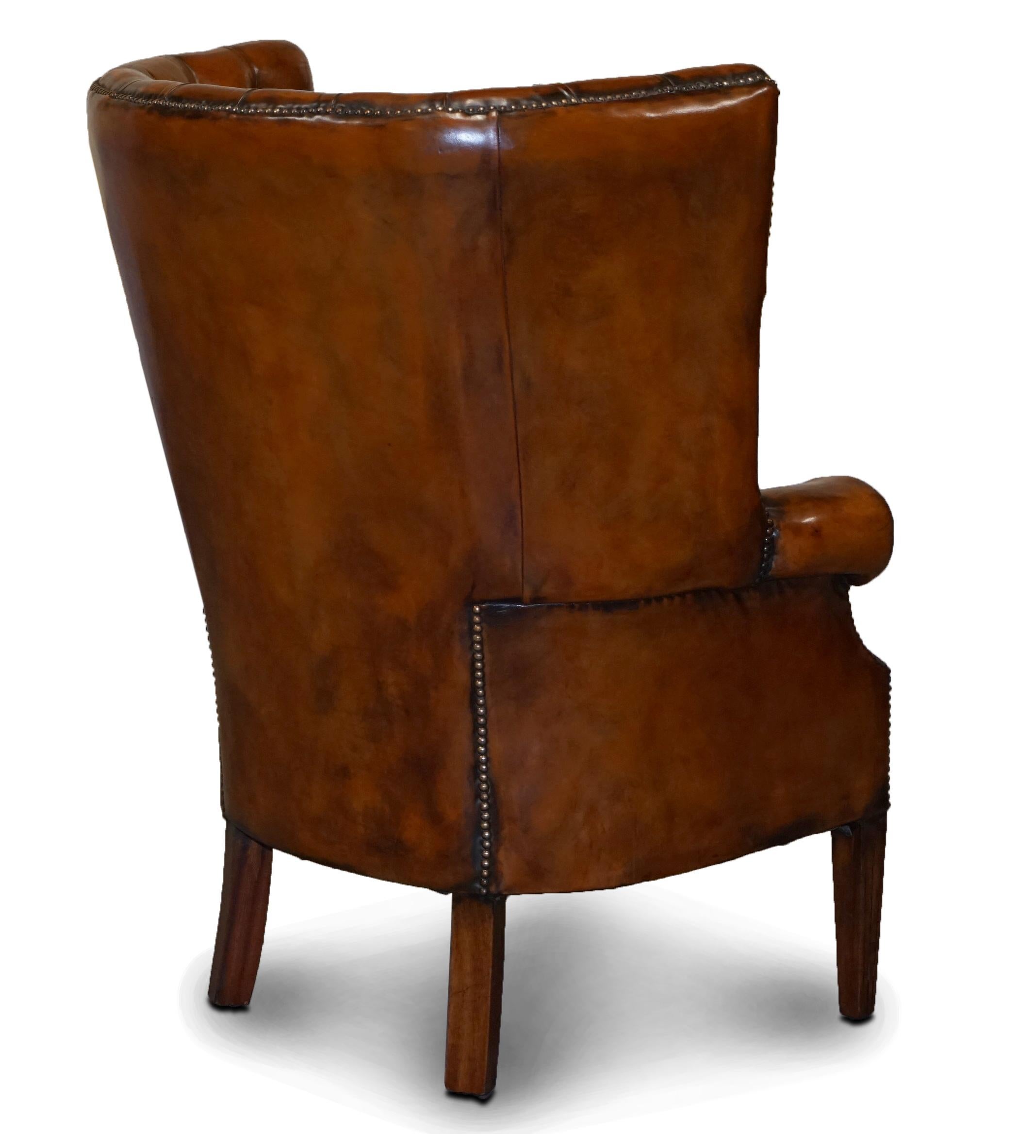 Restored Late Victorian Chesterfield Porters Wingback Armchair Brown Leather 8