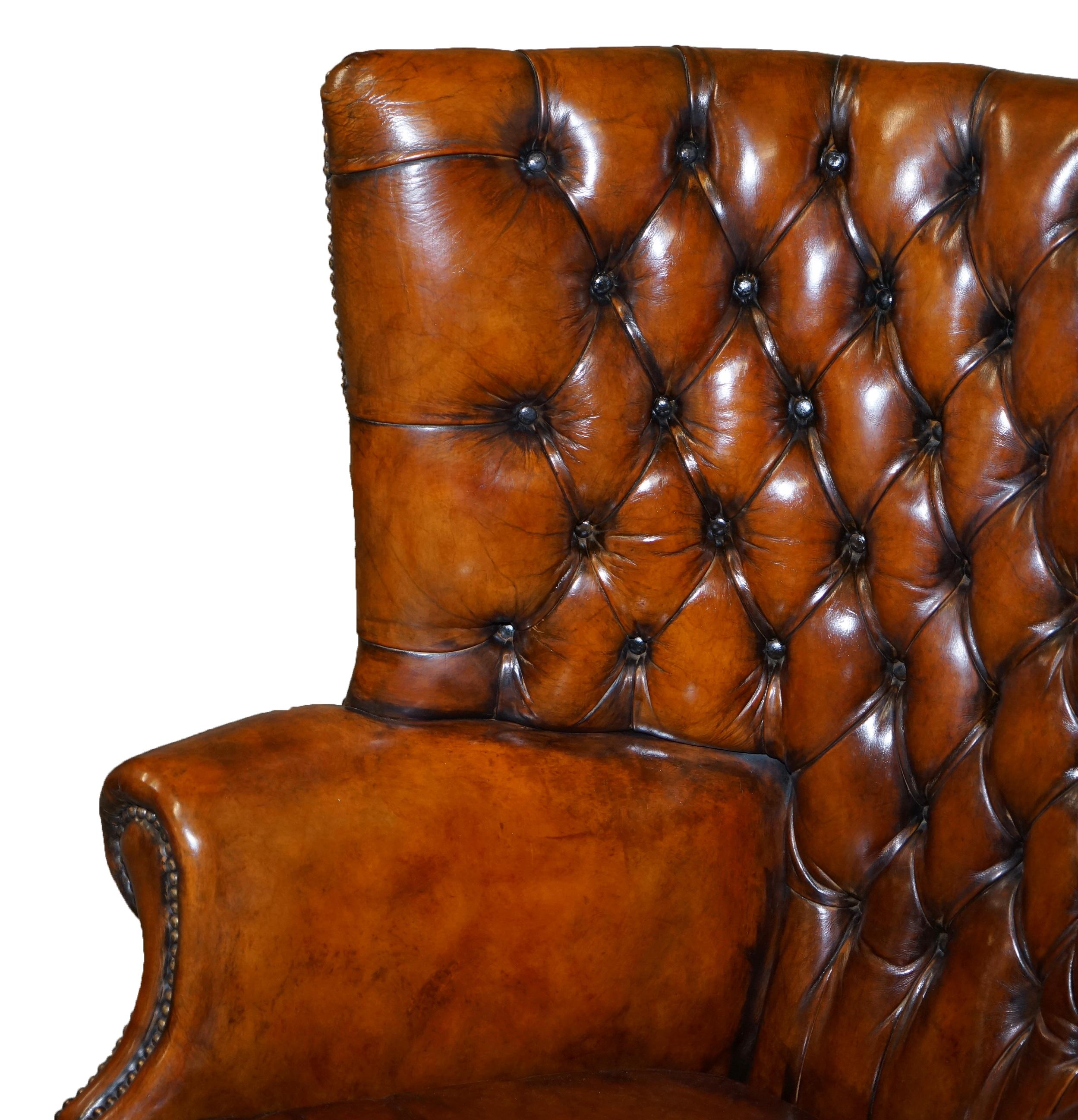 English Restored Late Victorian Chesterfield Porters Wingback Armchair Brown Leather