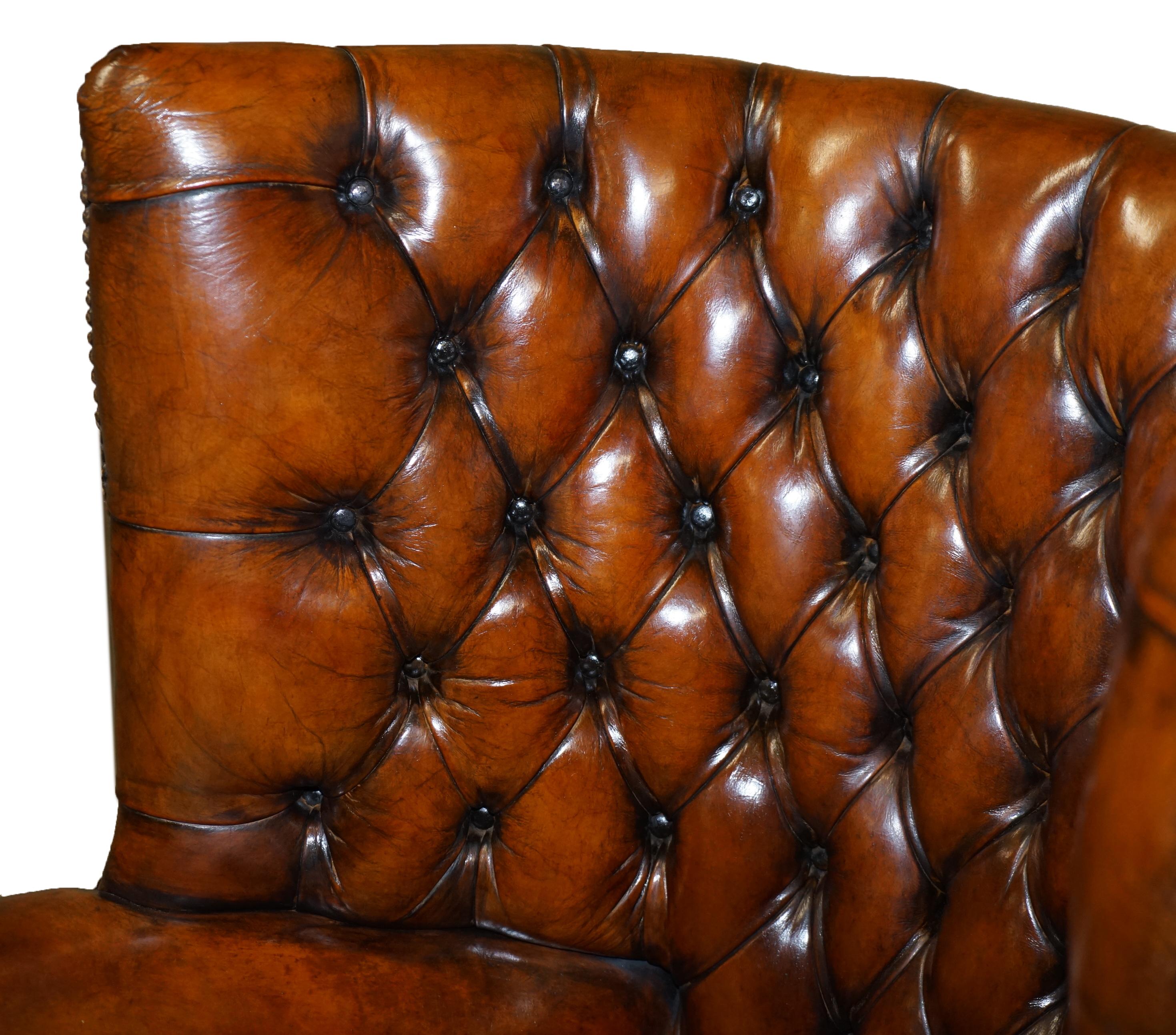 19th Century Restored Late Victorian Chesterfield Porters Wingback Armchair Brown Leather