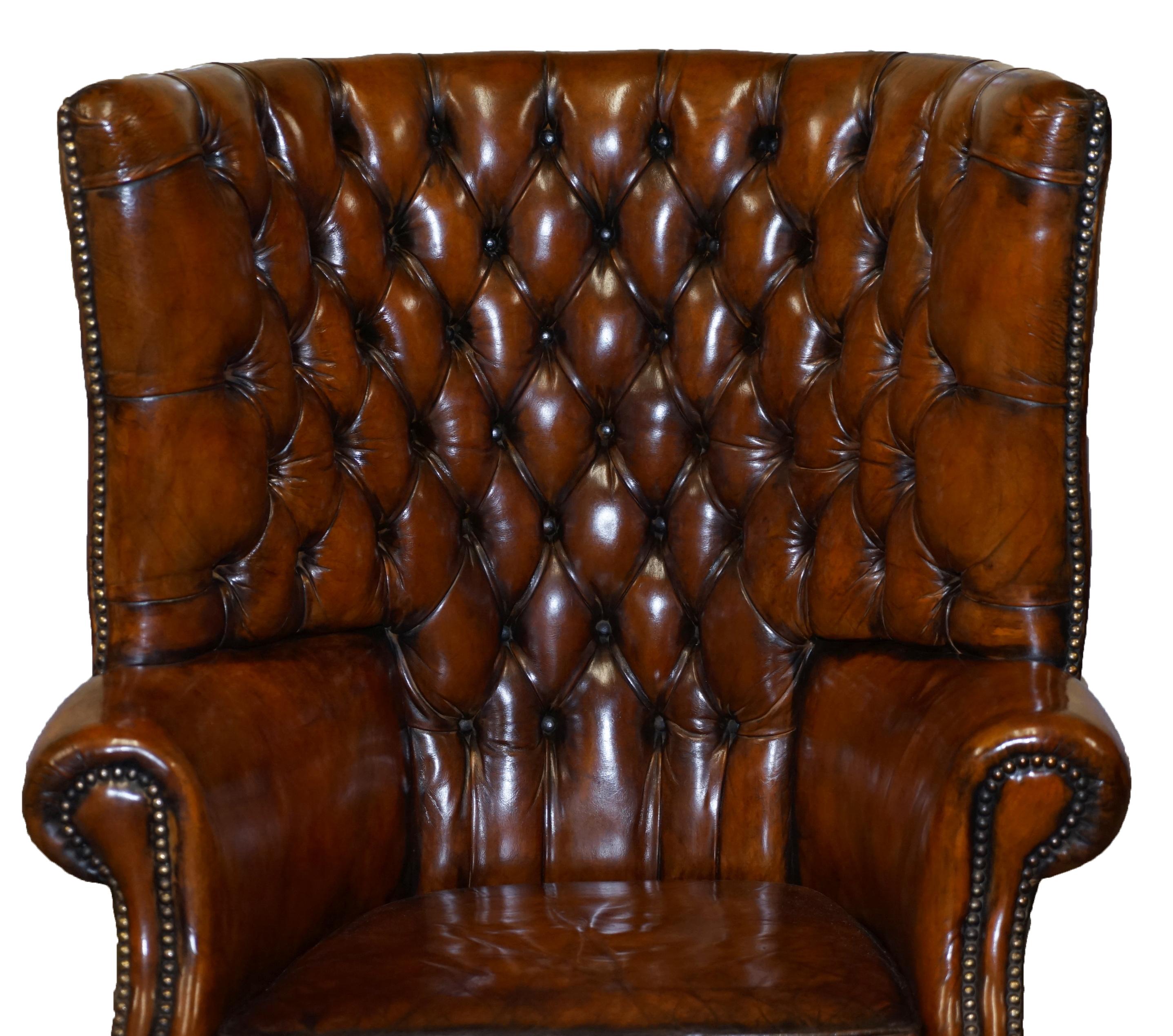 Restored Late Victorian Chesterfield Porters Wingback Armchair Brown Leather 1