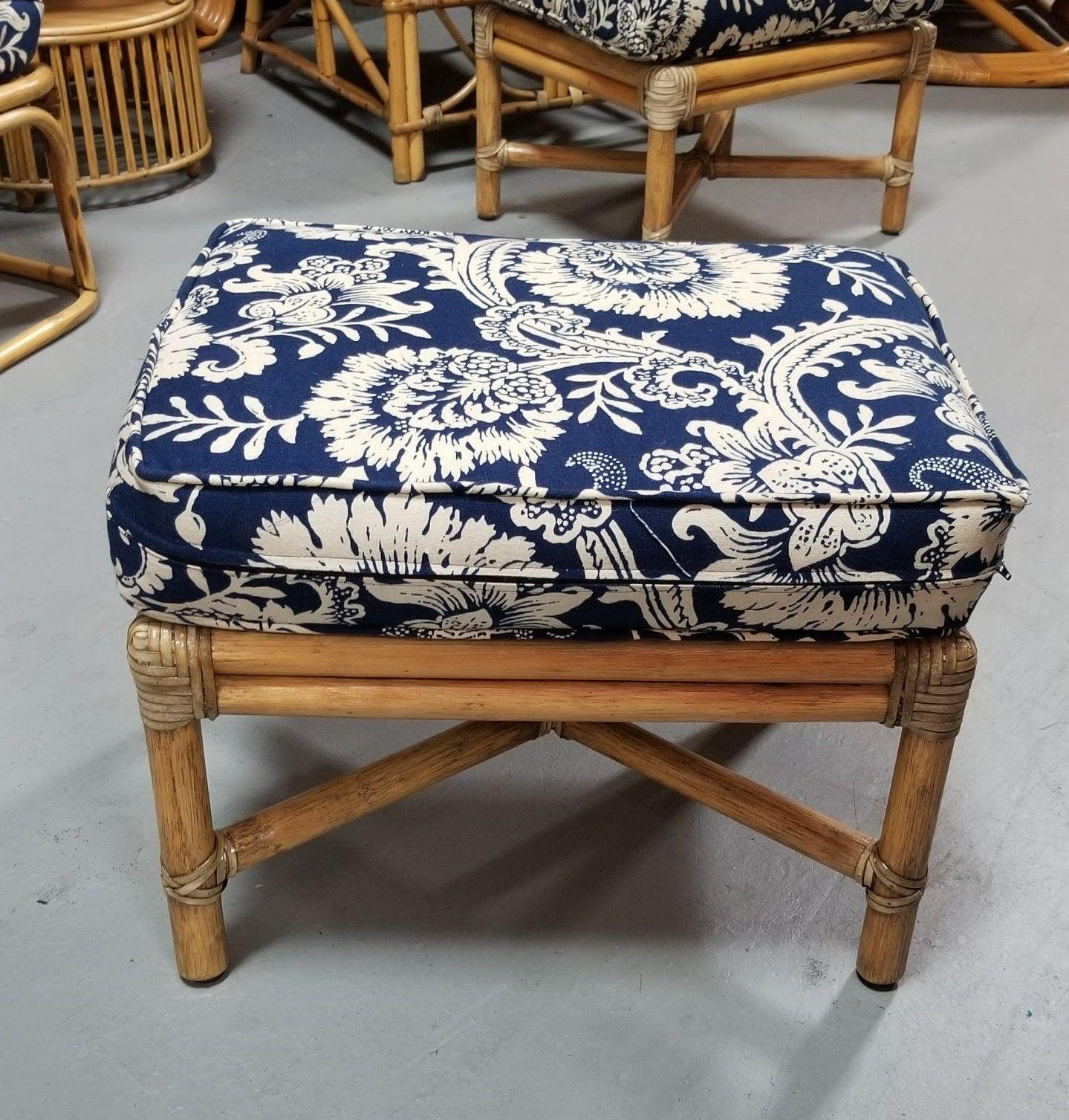 Set of two restored rattan footstools featuring an 