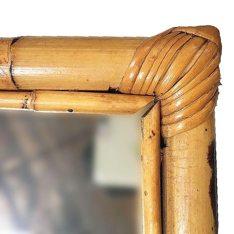 American Restored Long Two-Strand Rattan Wall Mirror W/ Stick Reed Rattan Border For Sale