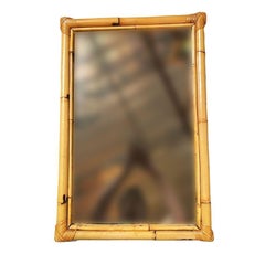 Restored Long Two-Strand Rattan Wall Mirror W/ Stick Reed Rattan Border