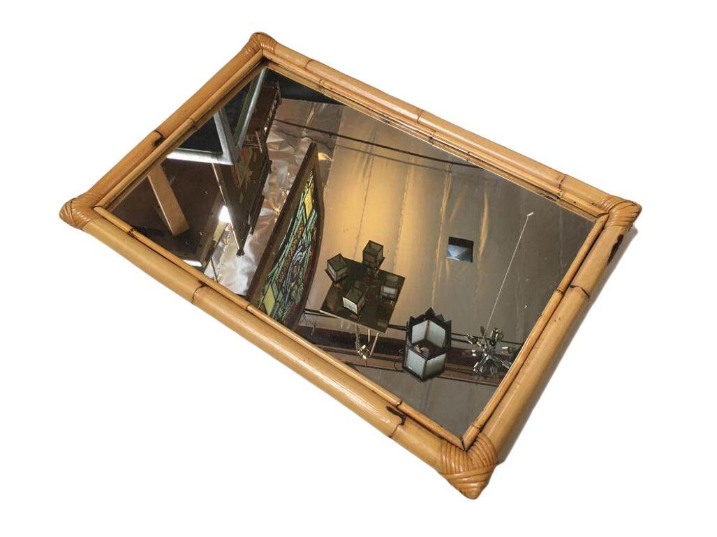 Mid-Century Modern Restored Long Two-Strand Rattan Wall Mirror W/ Stick Reed Rattan Border For Sale