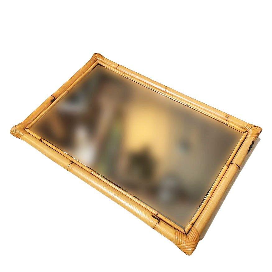 Mid-Century Modern Restored Long Two-Strand Rattan Wall Mirror W/ Stick Reed Rattan Border For Sale