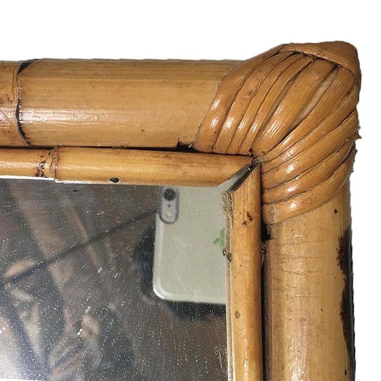 American Restored Long Two-Strand Rattan Wall Mirror W/ Stick Reed Rattan Border For Sale