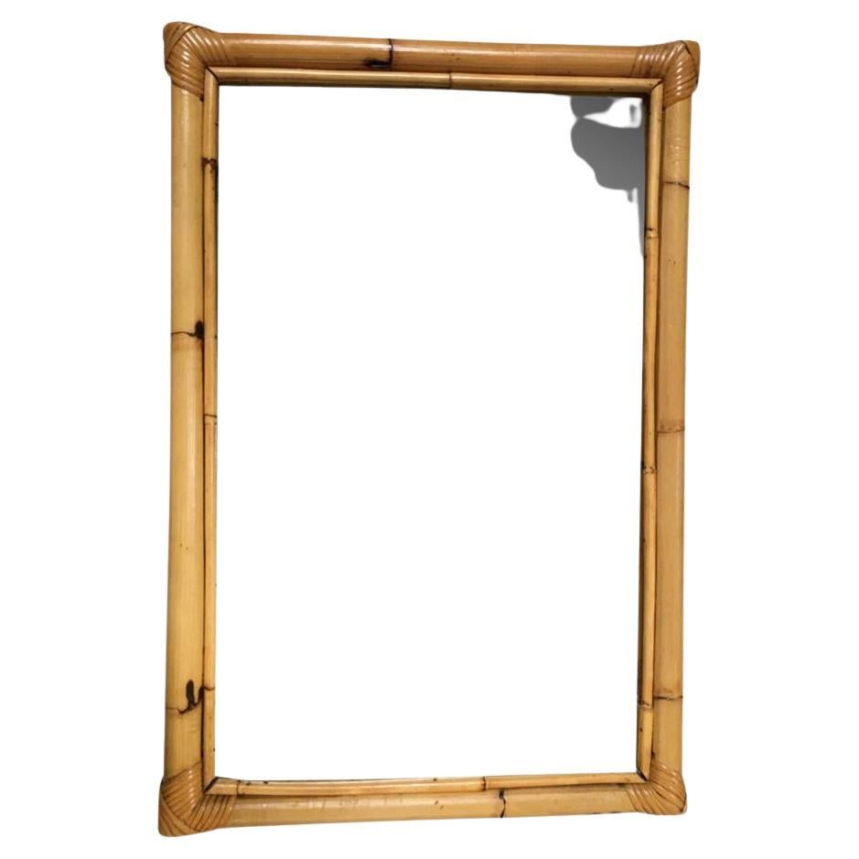 Restored Long Two-Strand Rattan Wall Mirror W/ Stick Reed Rattan Border For Sale
