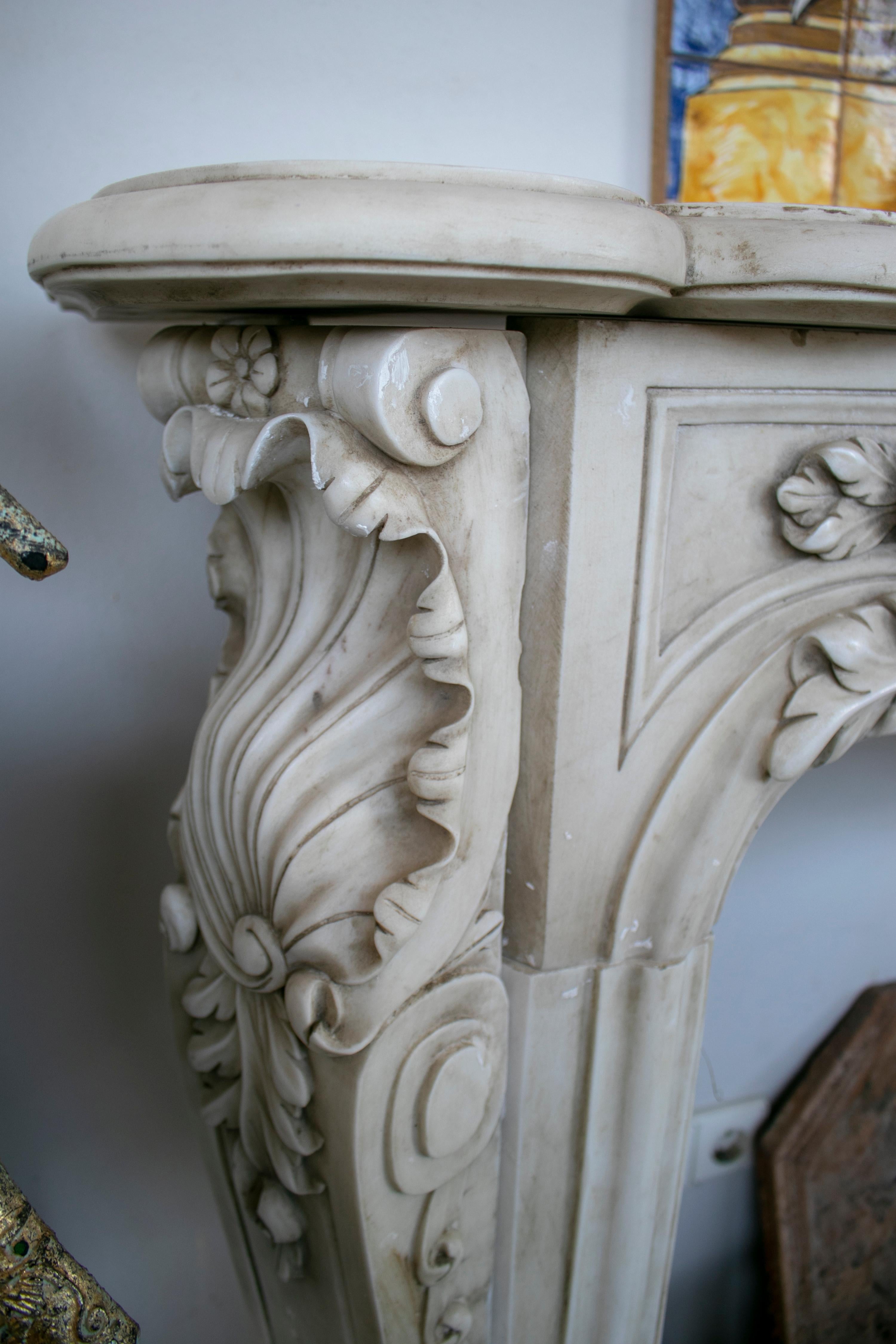 European Restored Luis XV Style Aged White Marble Fireplace Mantle