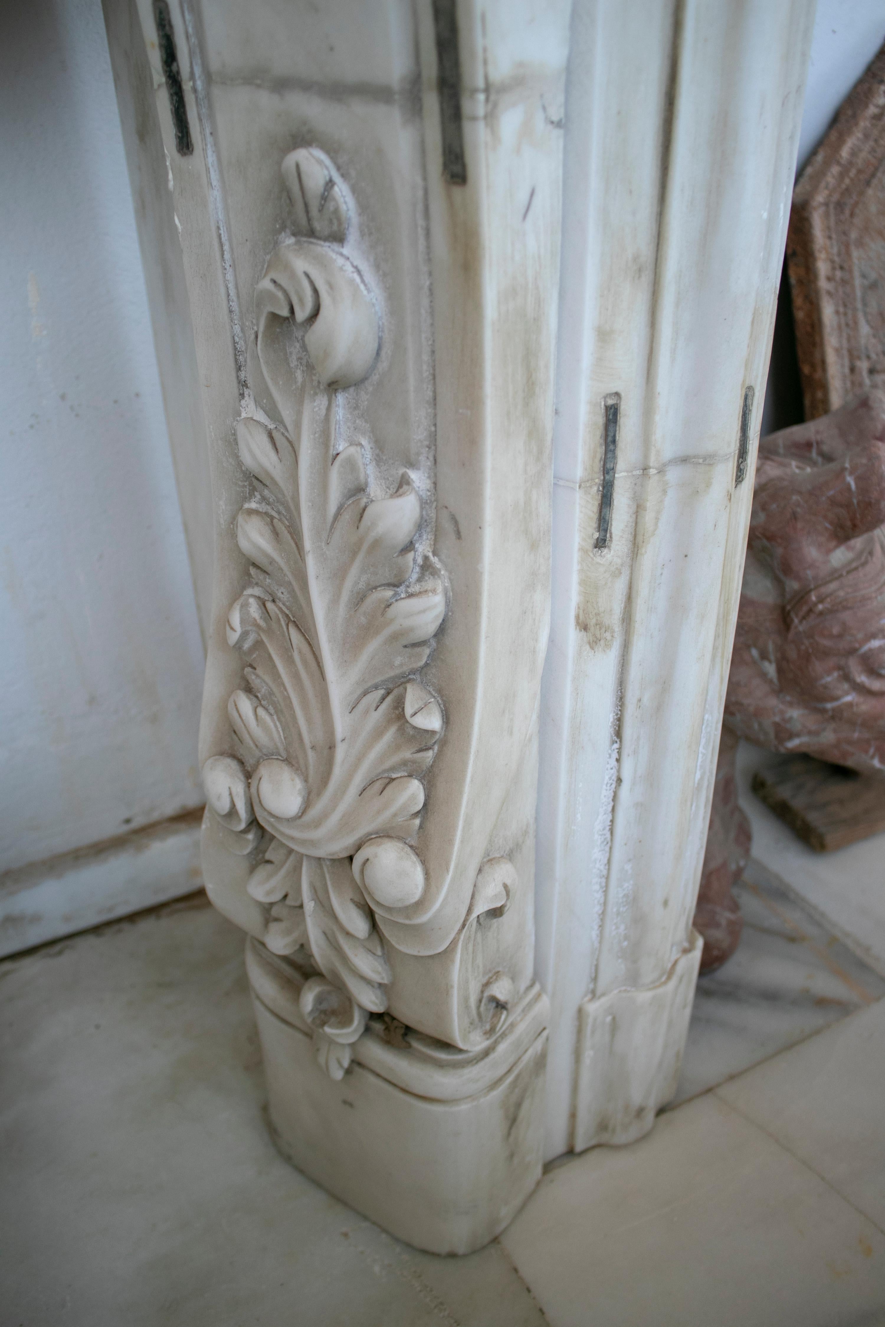 20th Century Restored Luis XV Style Aged White Marble Fireplace Mantle